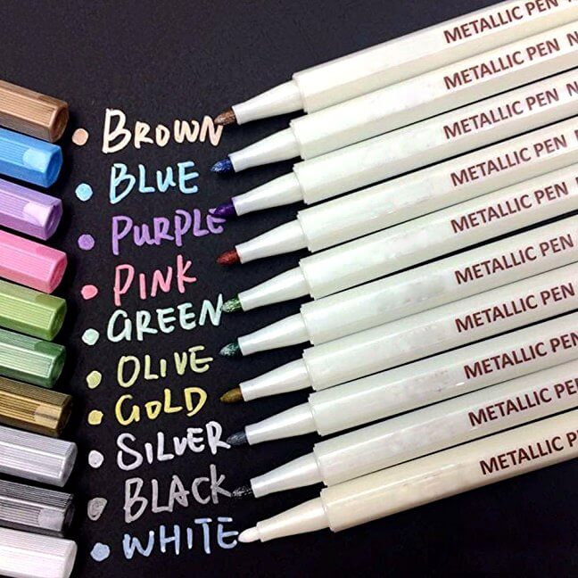 Feutres Marqueurs Métalliques Brillants 12 Couleurs - Set Scrapbooking Avec 20 Étiquettes Noires En Cadeau